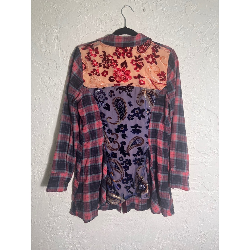 Soft Surroundings Womens Plaid Tunic Top Velvet Back Burnout Red Navy Blue Small - Picture 3 of 8